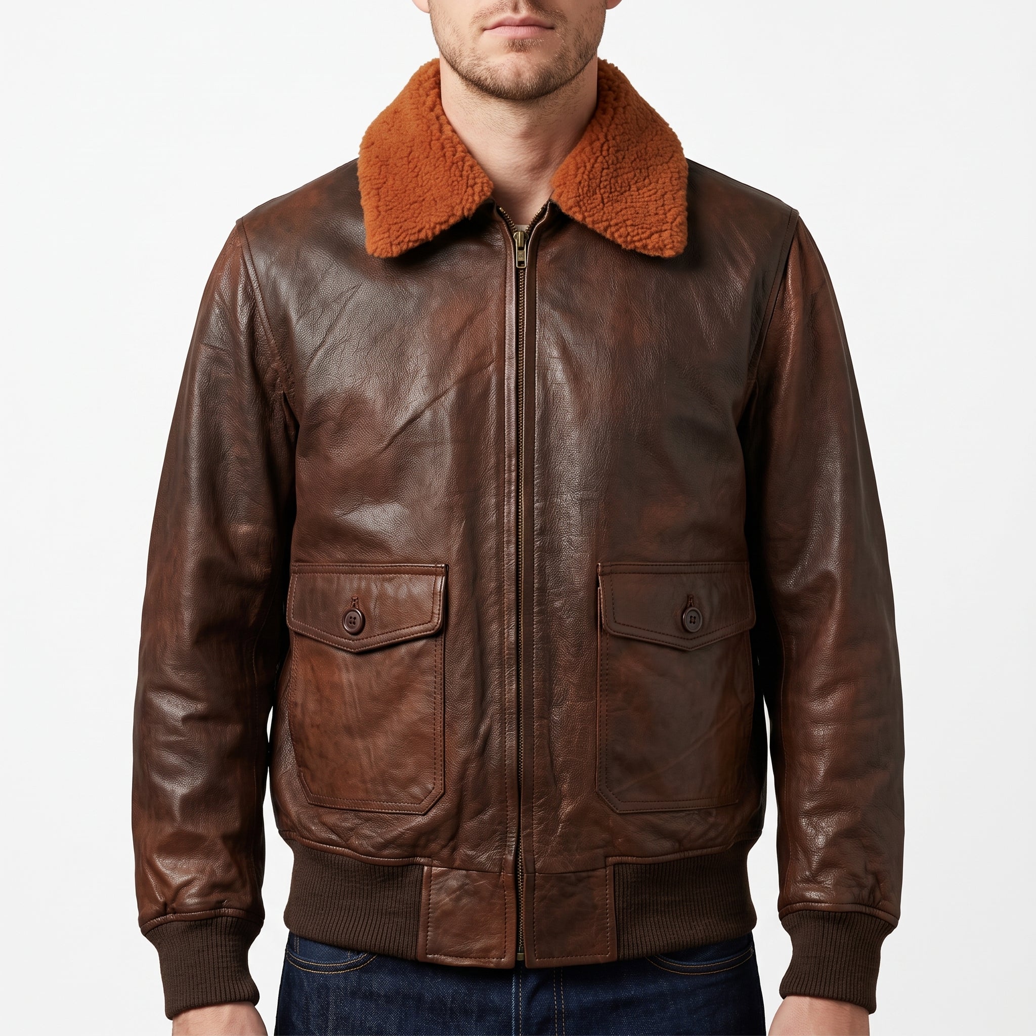 Brown Leather A-2 Bomber Jacket - Men's Sherpa-Collar Flight Jacket