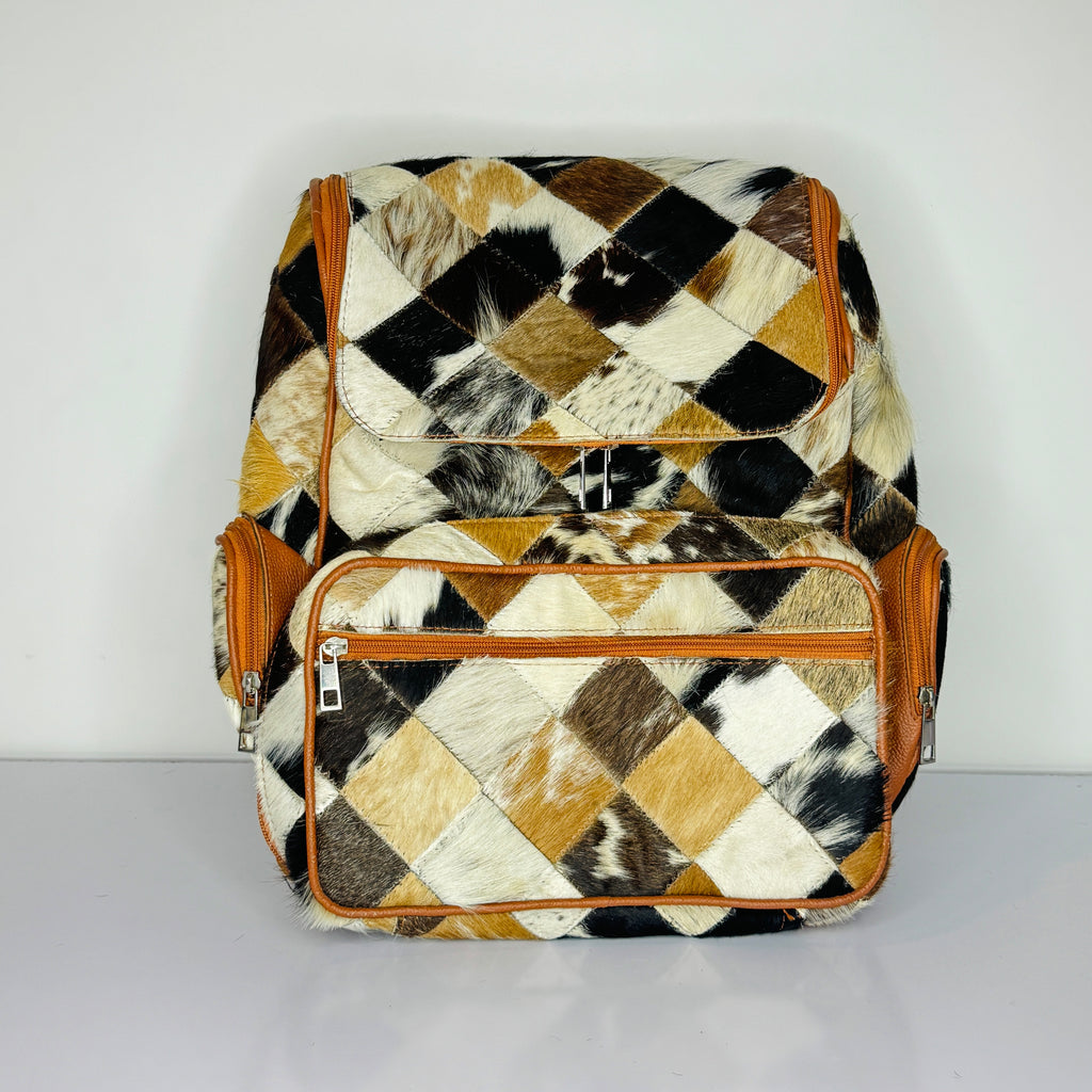 Diamond Patchwork Cowhide Leather Backpack – Multicolor Hair-On-Hide Backpack