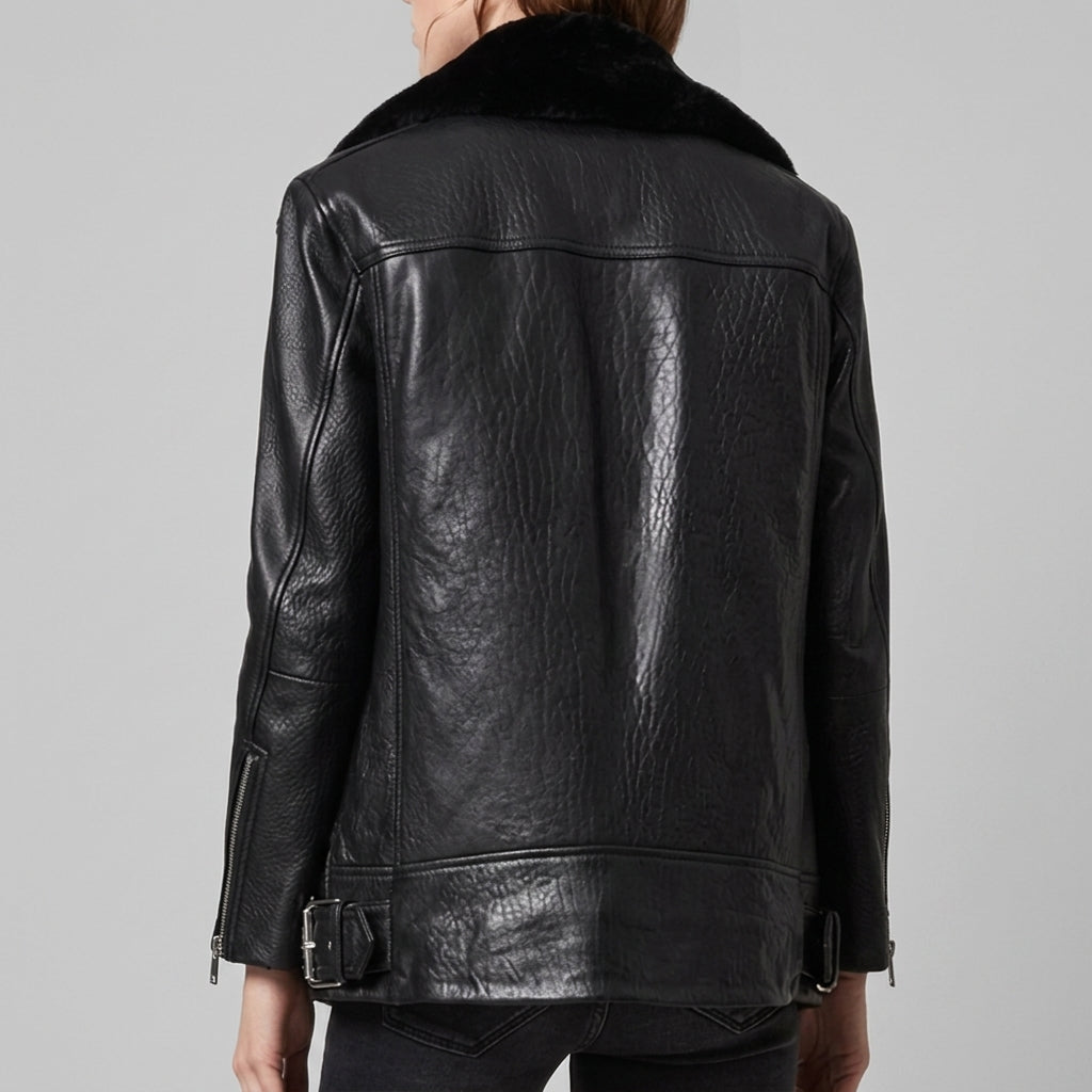Black Leather Shearling-Collar Biker Jacket - Women's Oversized Moto Jacket