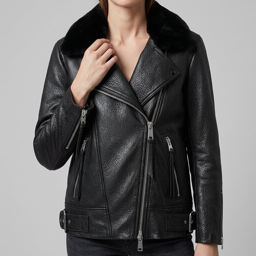 Black Leather Shearling-Collar Biker Jacket - Women's Oversized Moto Jacket