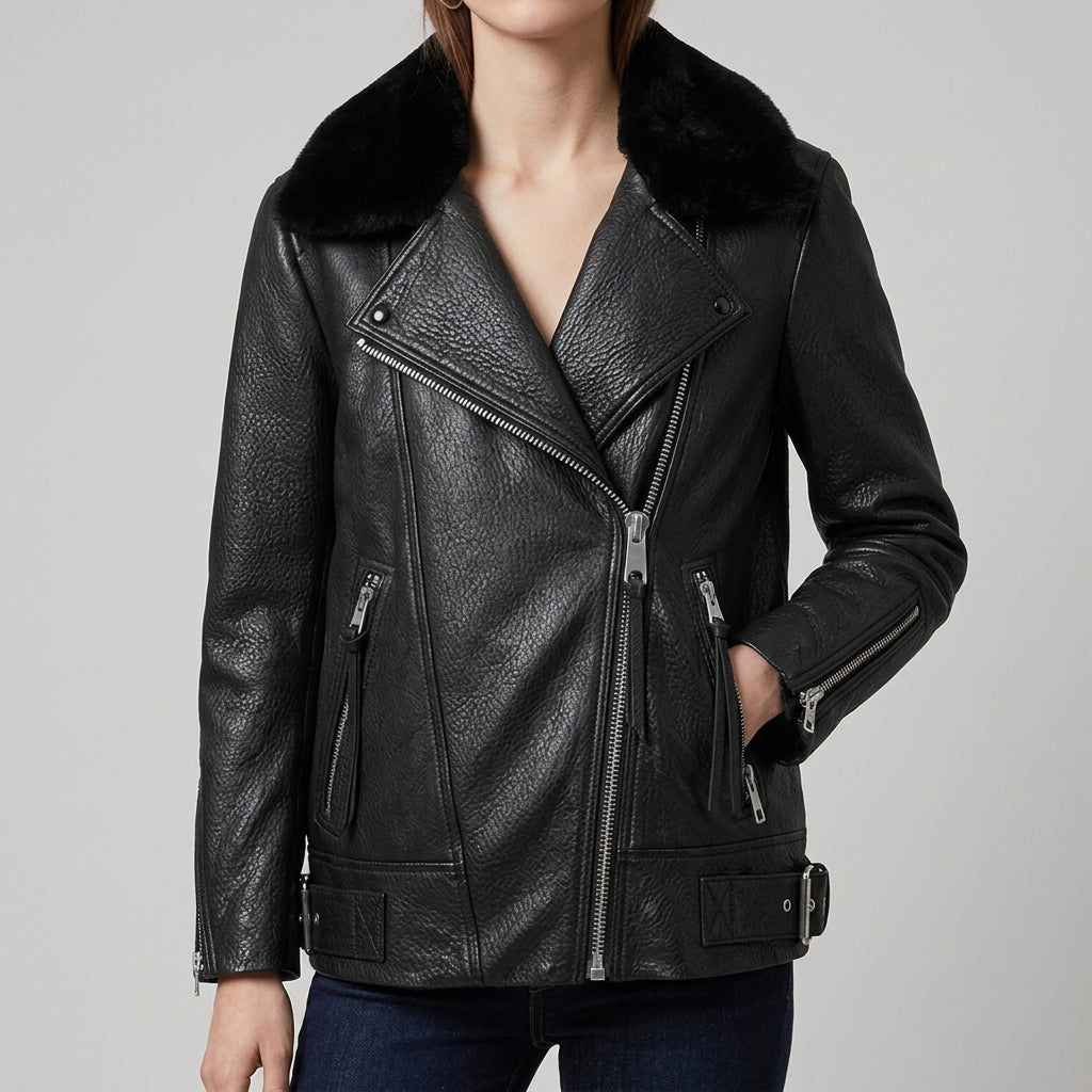 Black Leather Shearling-Collar Biker Jacket - Women's Oversized Moto Jacket