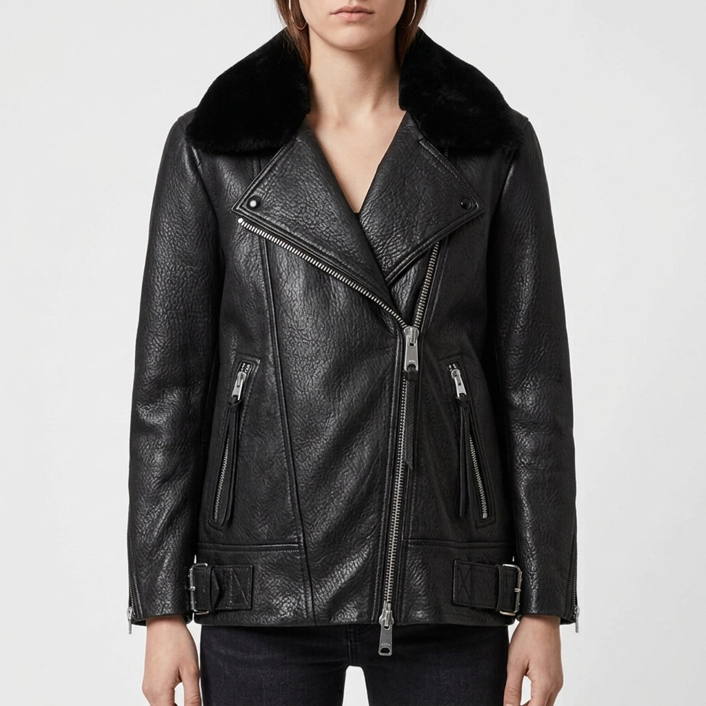 Black Leather Shearling-Collar Biker Jacket - Women's Oversized Moto Jacket