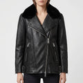 Black Leather Shearling-Collar Biker Jacket - Women's Oversized Moto Jacket