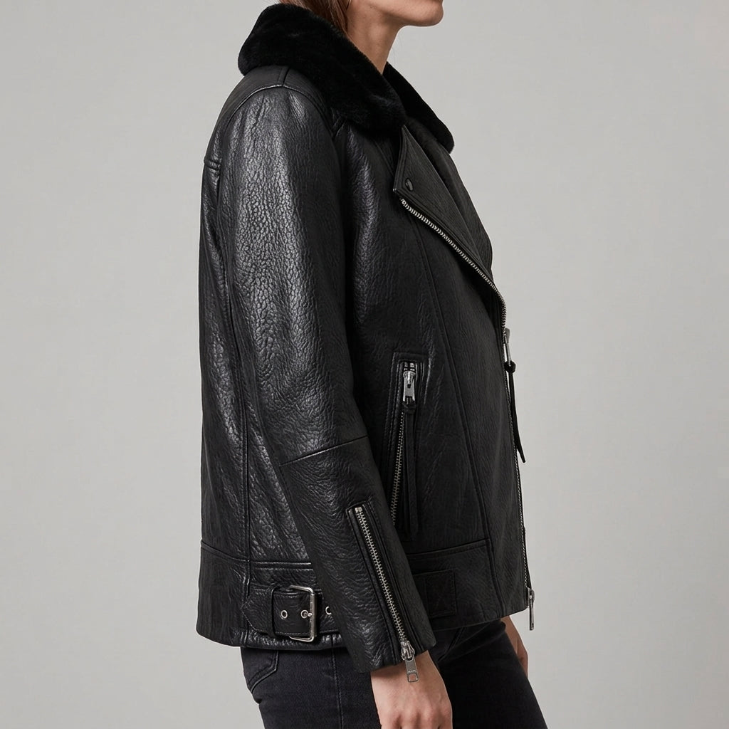 Black Leather Shearling-Collar Biker Jacket - Women's Oversized Moto Jacket