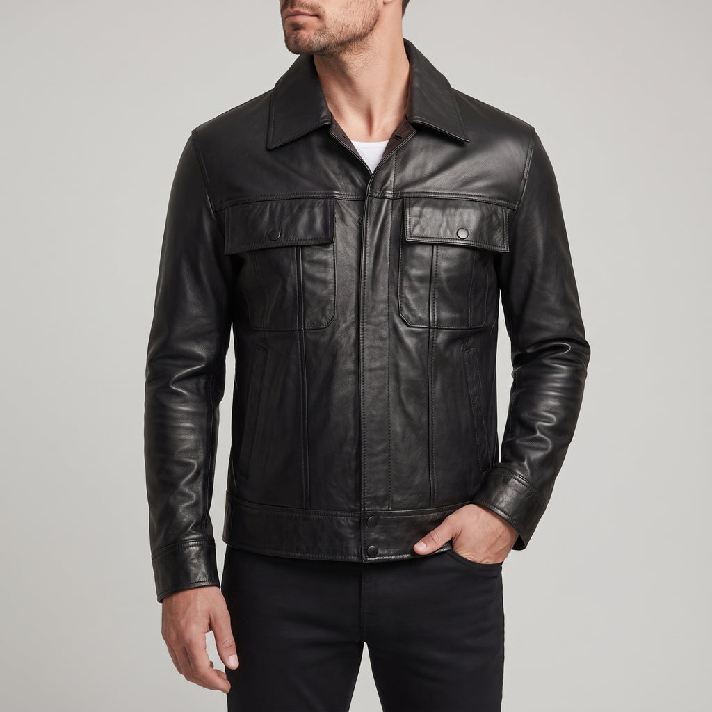 Men's Black Leather Trucker Jacket