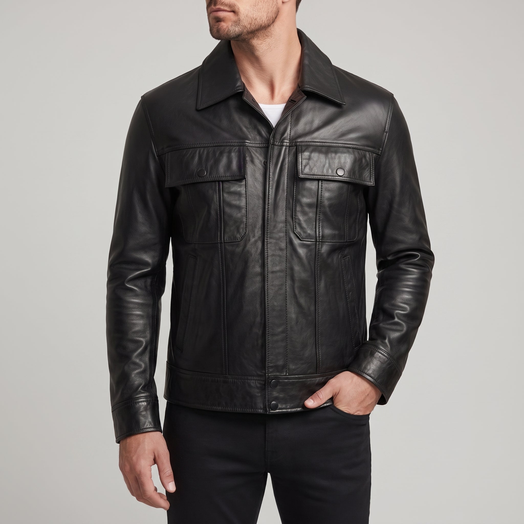 Men's Black Leather Trucker Jacket