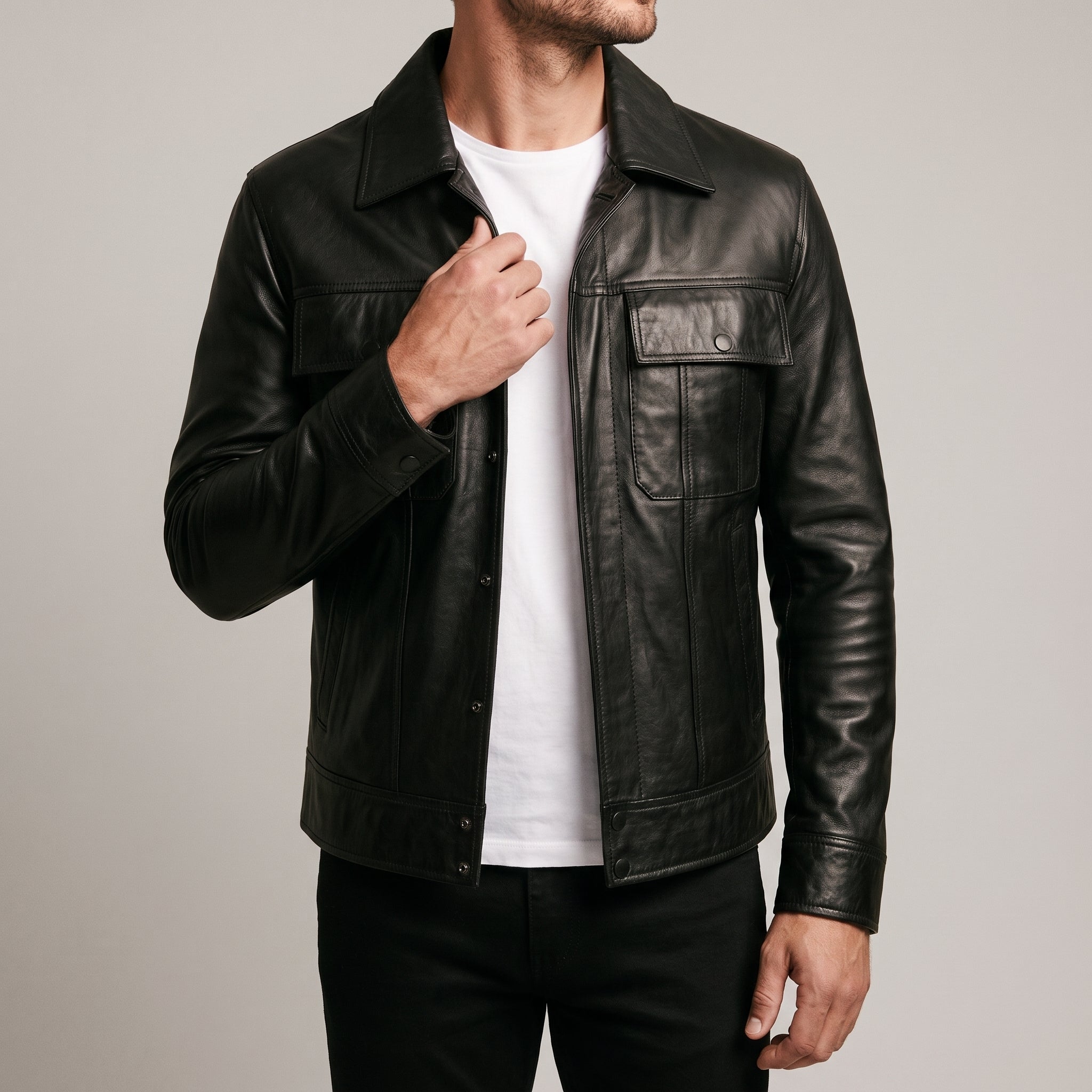 Men's Black Leather Trucker Jacket