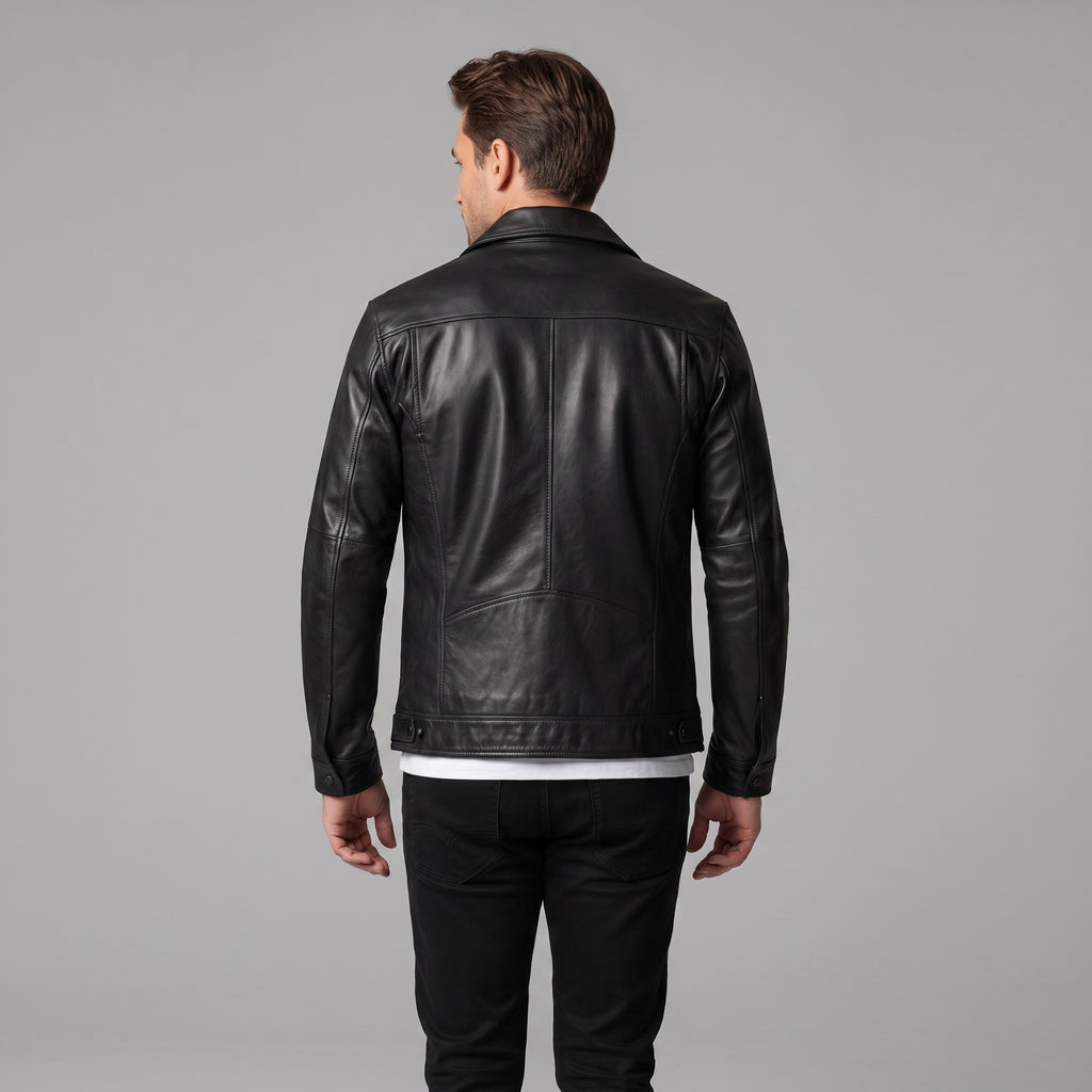 Men's Black Leather Trucker Jacket