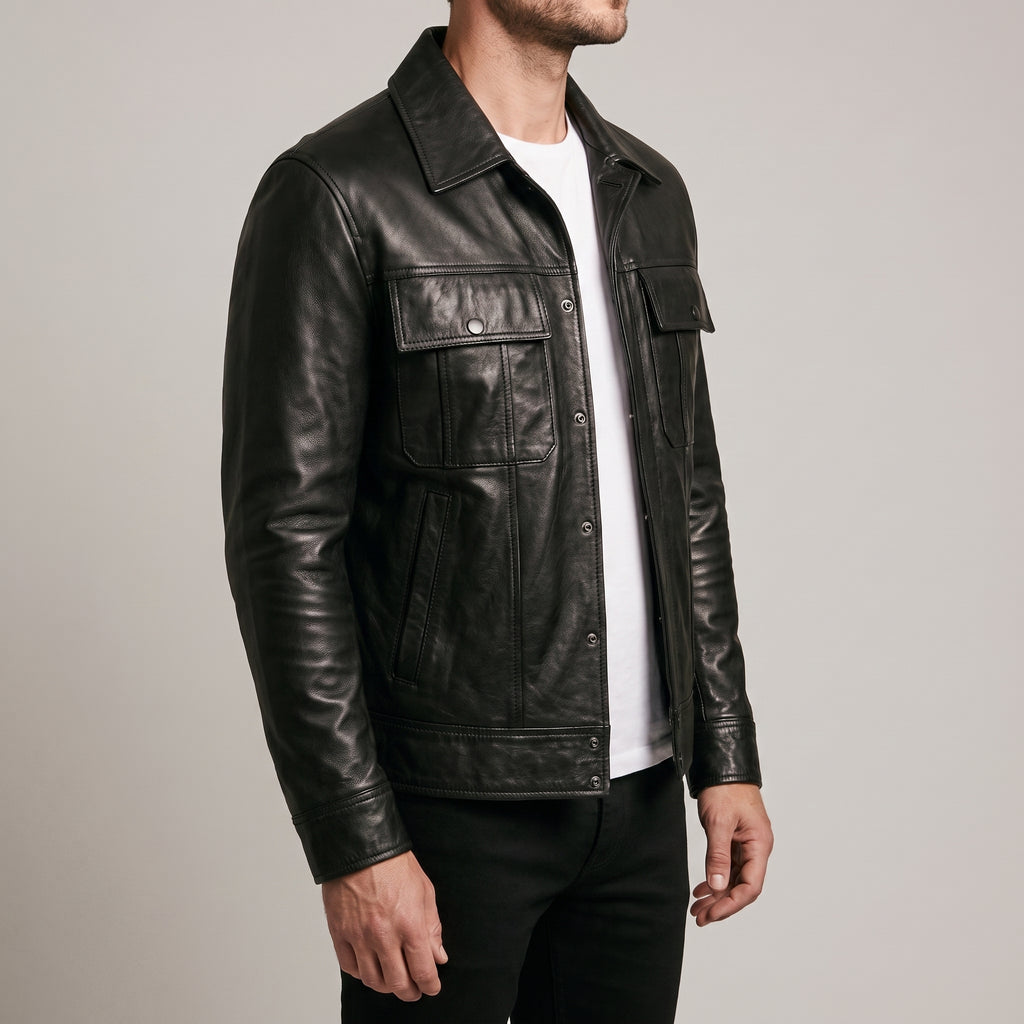 Men's Black Leather Trucker Jacket