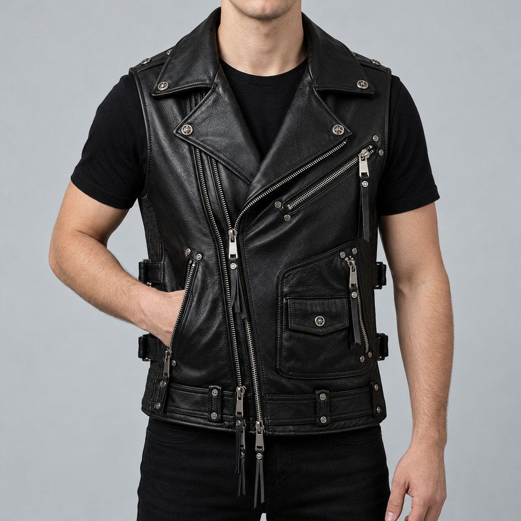 Black Leather Biker Vest - Men's Multi Zip Moto Vest