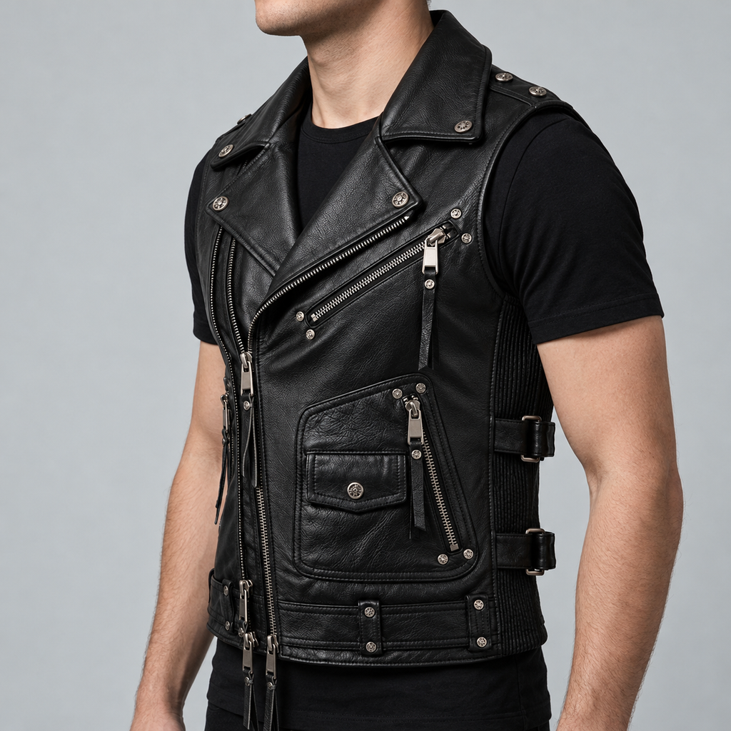 Black Leather Biker Vest - Men's Multi Zip Moto Vest