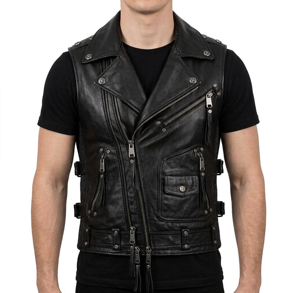 Black Leather Biker Vest - Men's Multi Zip Moto Vest