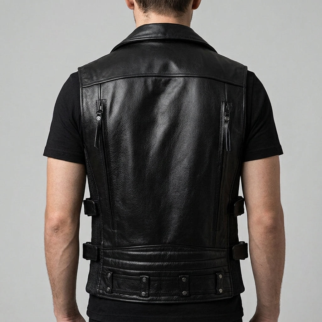 Black Leather Biker Vest - Men's Multi Zip Moto Vest