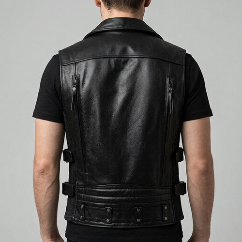 Black Leather Biker Vest - Men's Multi Zip Moto Vest