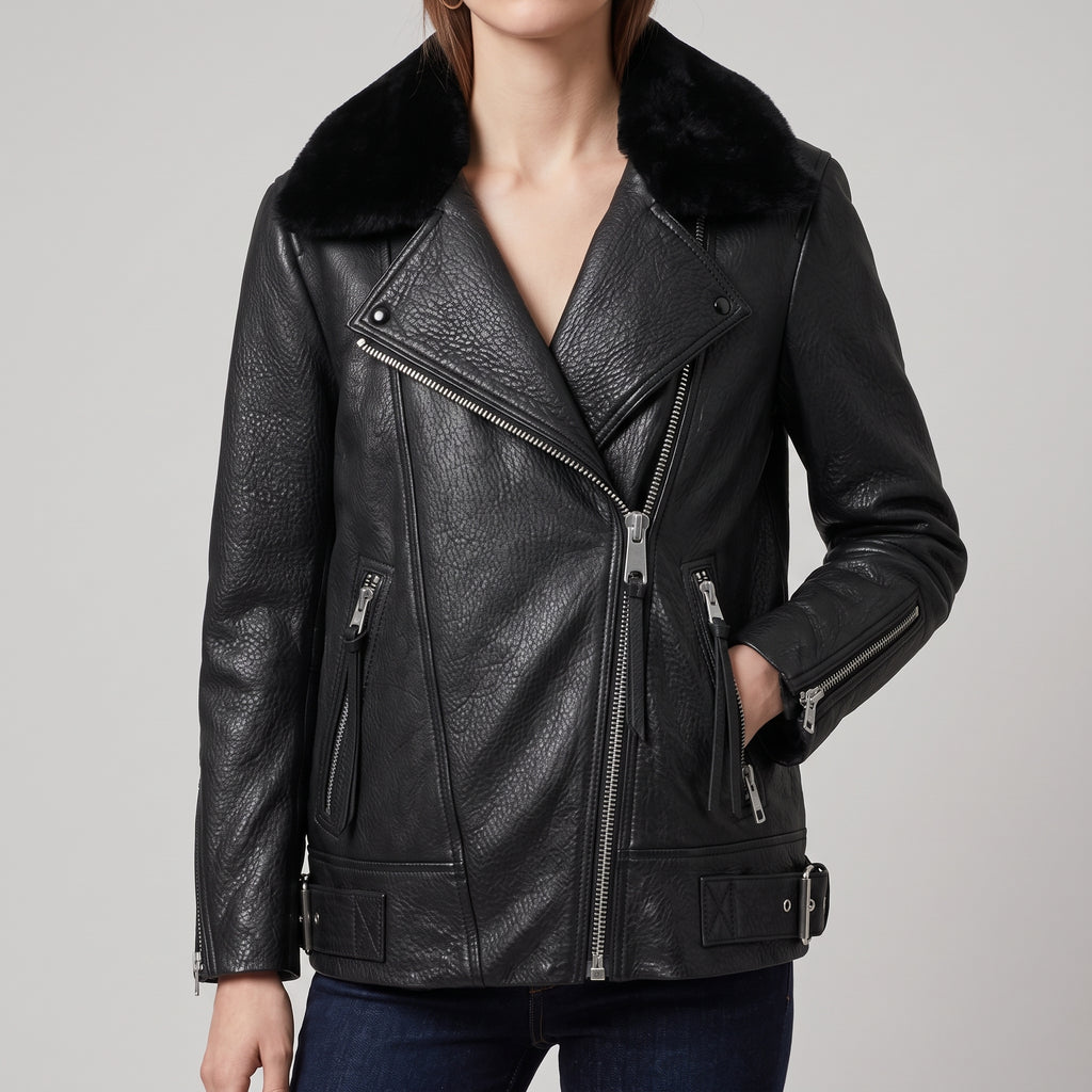 Black Leather Shearling-Collar Biker Jacket — Women's Oversized Moto Jacket