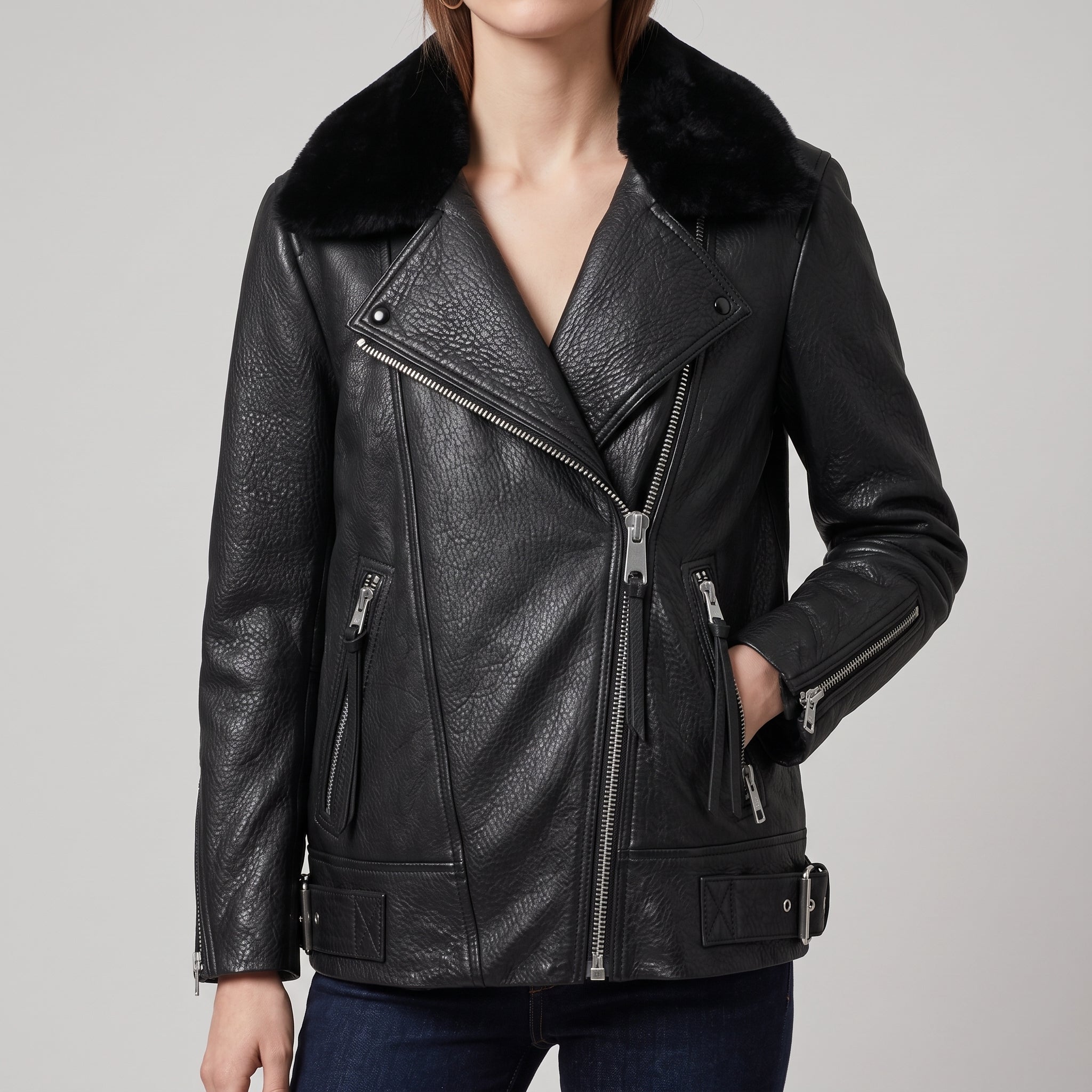 Black Leather Shearling-Collar Biker Jacket — Women's Oversized Moto Jacket