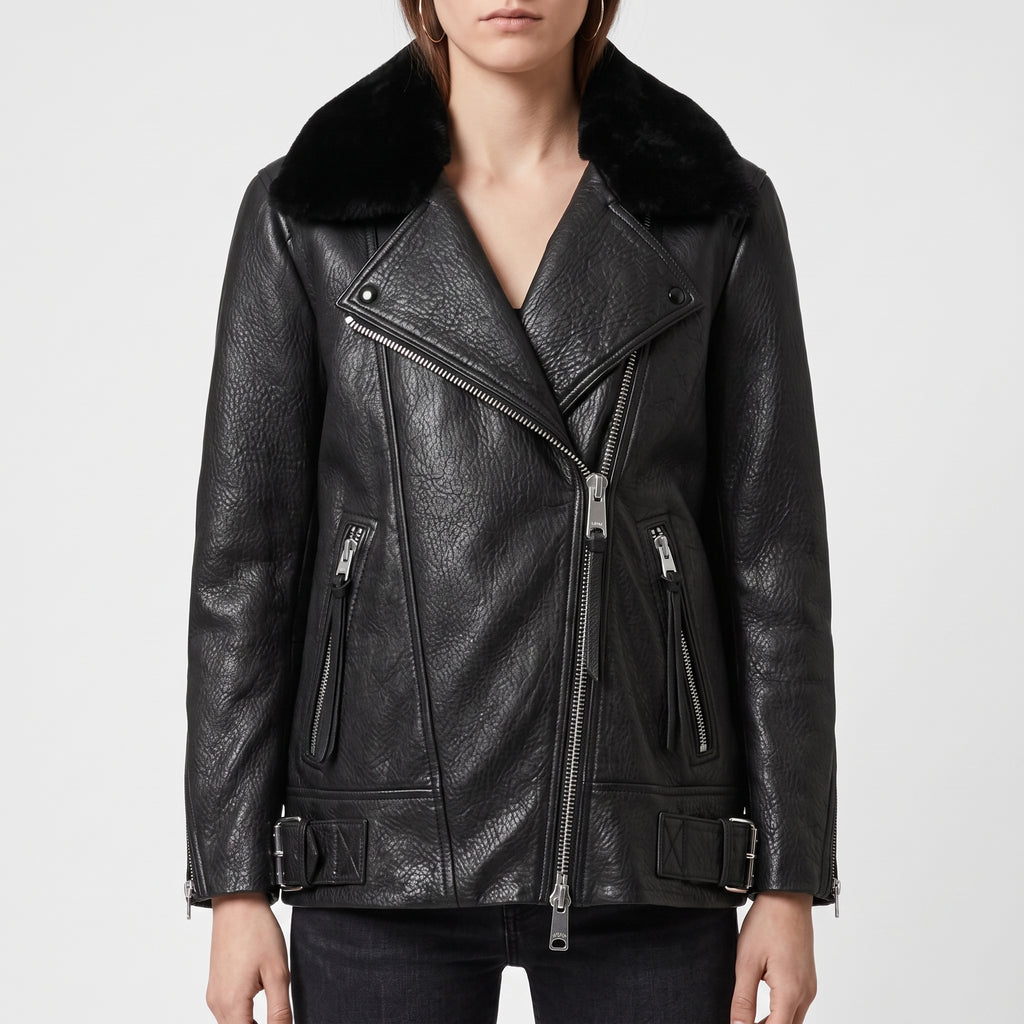 Black Leather Shearling-Collar Biker Jacket — Women's Oversized Moto Jacket