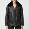 Black Leather Shearling-Collar Biker Jacket — Women's Oversized Moto Jacket