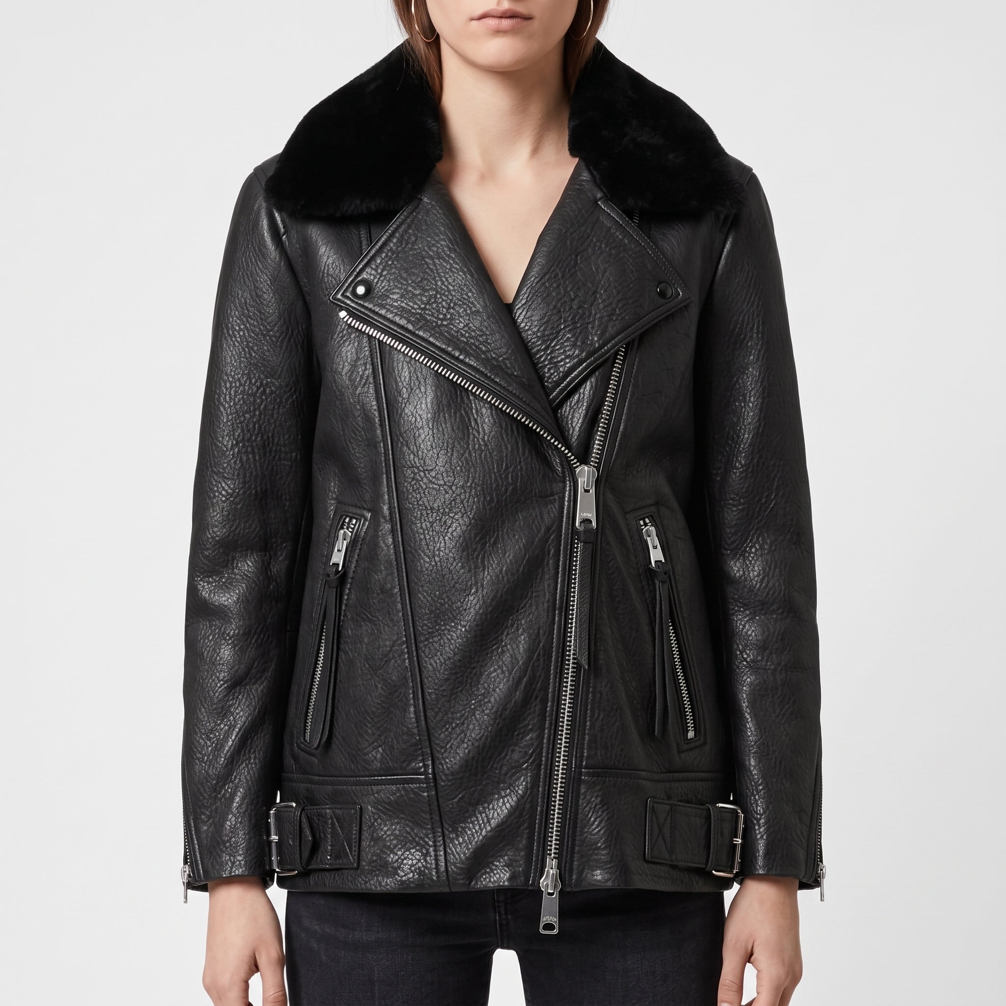 Black Leather Shearling-Collar Biker Jacket — Women's Oversized Moto Jacket