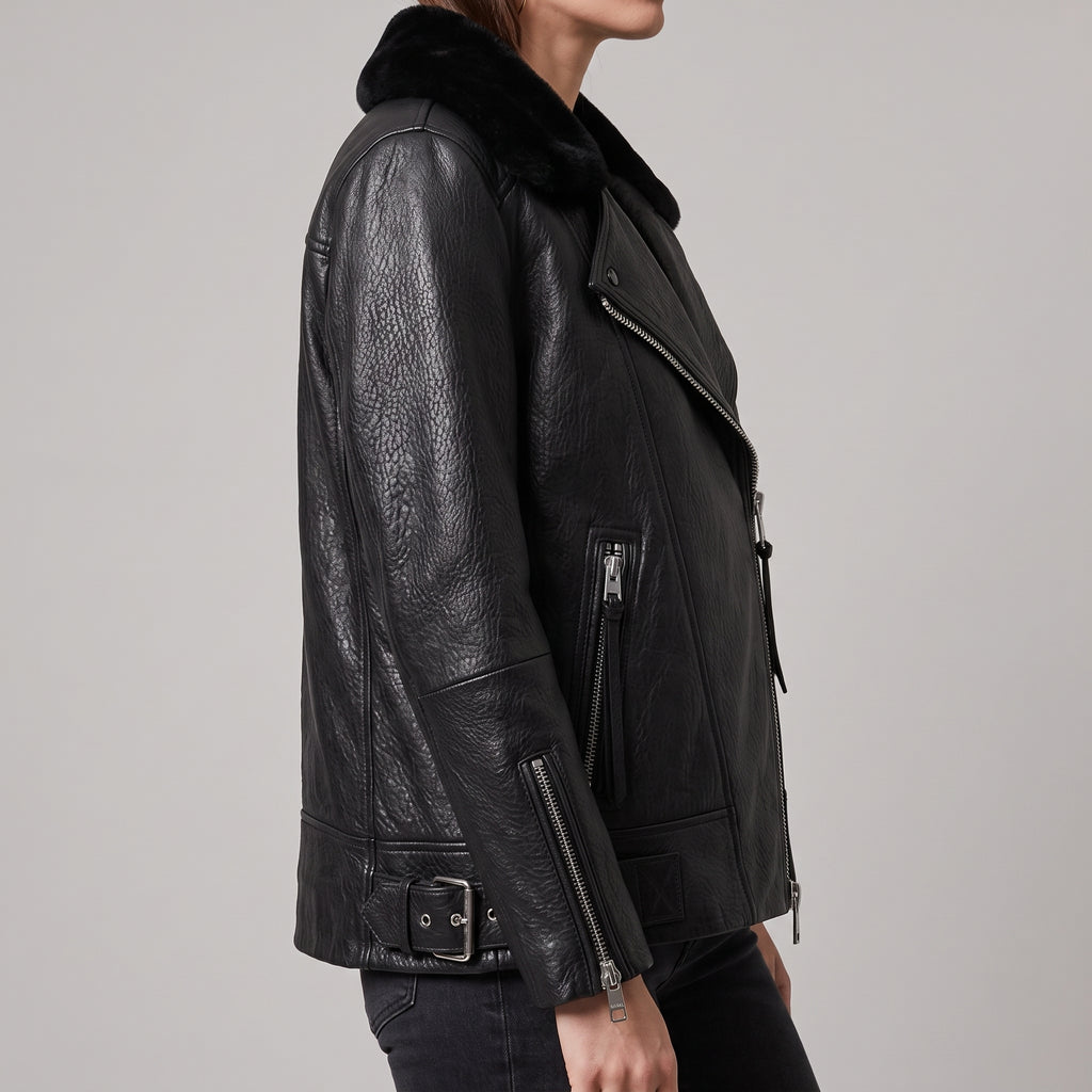 Black Leather Shearling-Collar Biker Jacket — Women's Oversized Moto Jacket