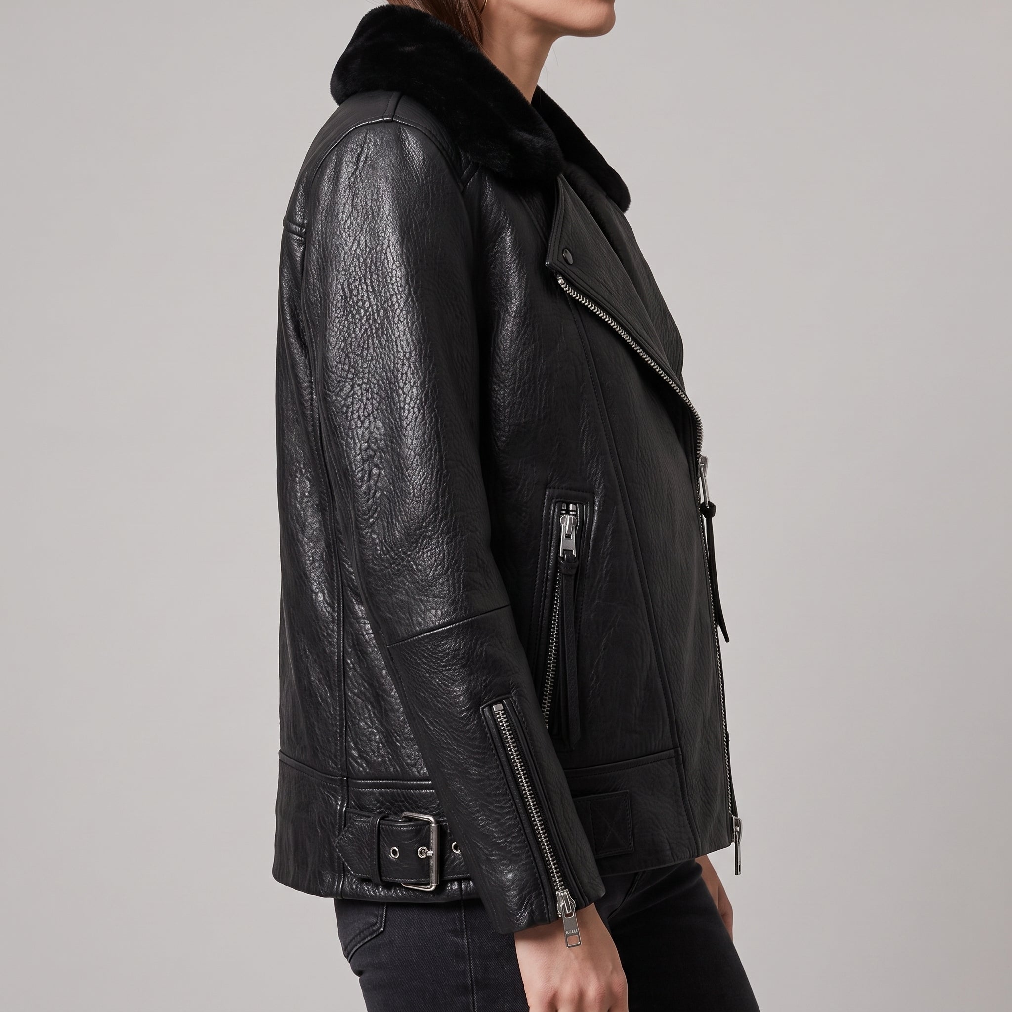 Black Leather Shearling-Collar Biker Jacket — Women's Oversized Moto Jacket