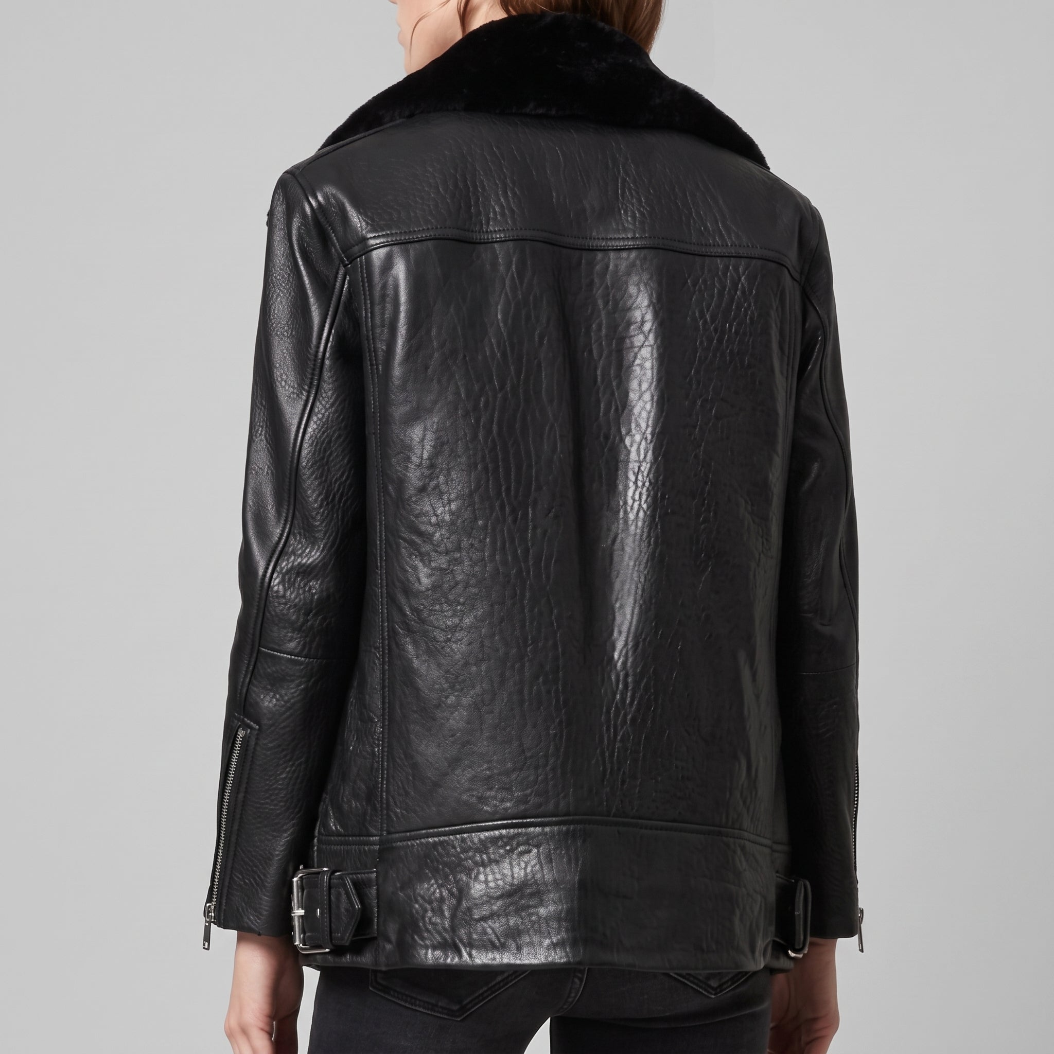 Black Leather Shearling-Collar Biker Jacket — Women's Oversized Moto Jacket