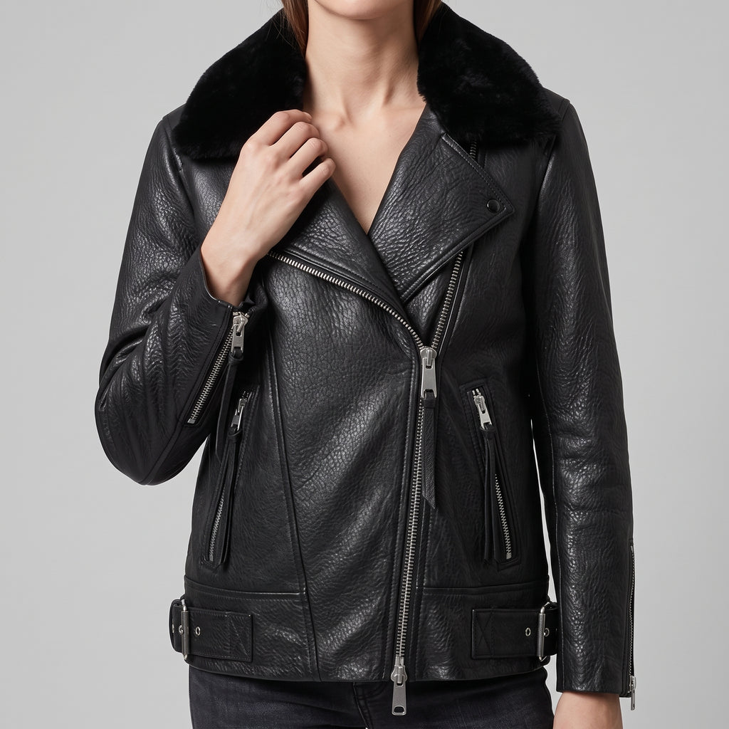 Black Leather Shearling-Collar Biker Jacket — Women's Oversized Moto Jacket