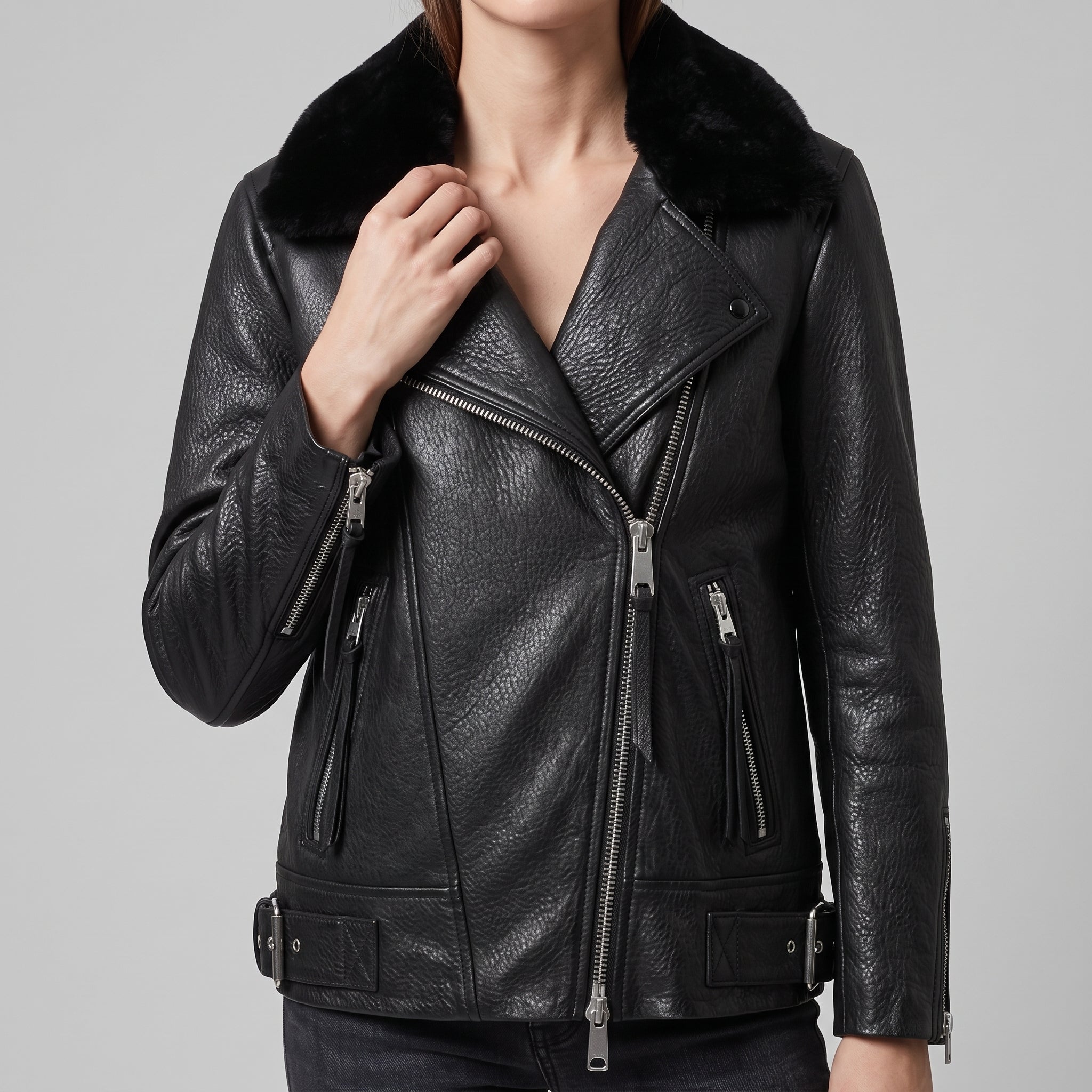 Black Leather Shearling-Collar Biker Jacket — Women's Oversized Moto Jacket