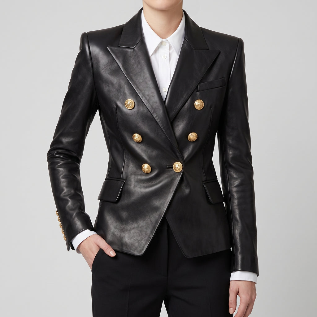 Black Leather Double-Breasted Blazer — Women's Gold-Button Tailored Jacket