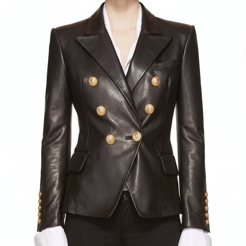 Black Leather Double-Breasted Blazer — Women's Gold-Button Tailored Jacket