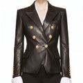 Black Leather Double-Breasted Blazer — Women's Gold-Button Tailored Jacket