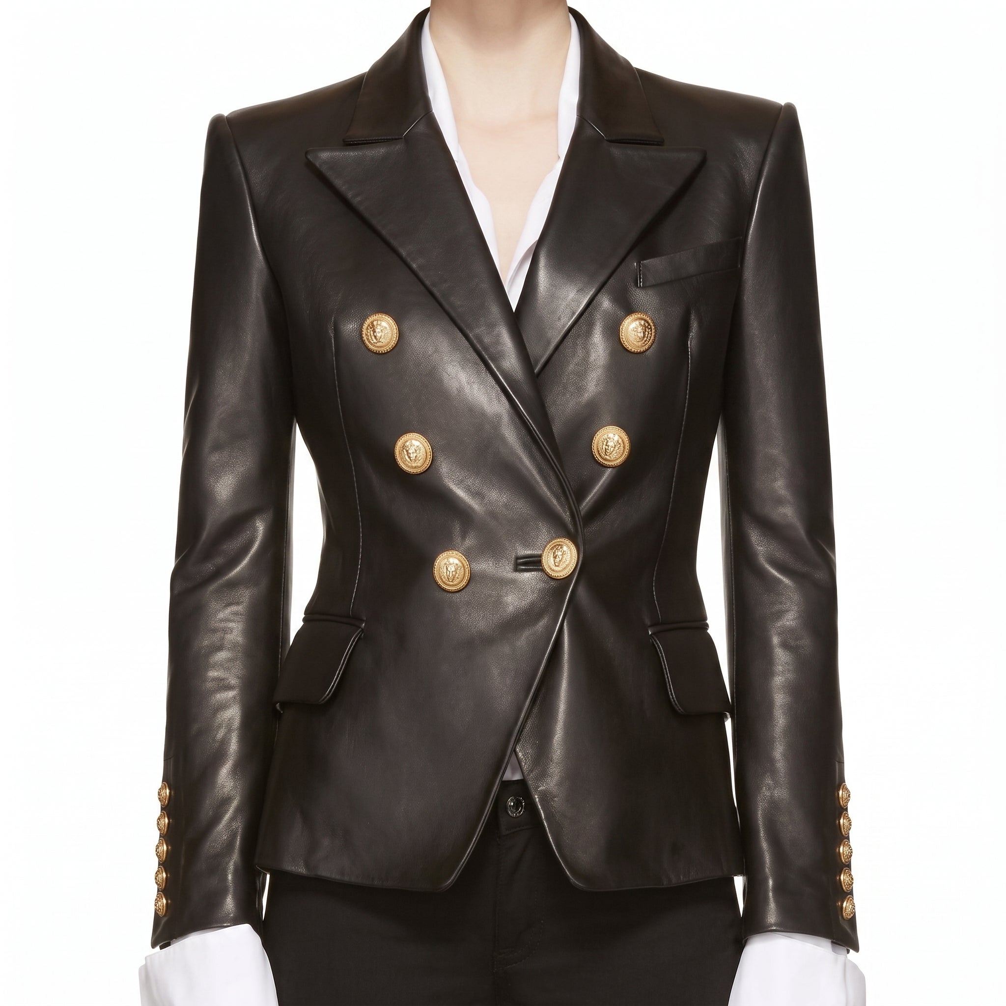 Black Leather Double-Breasted Blazer — Women's Gold-Button Tailored Jacket