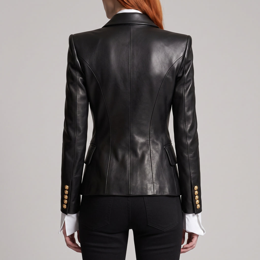 Black Leather Double-Breasted Blazer — Women's Gold-Button Tailored Jacket