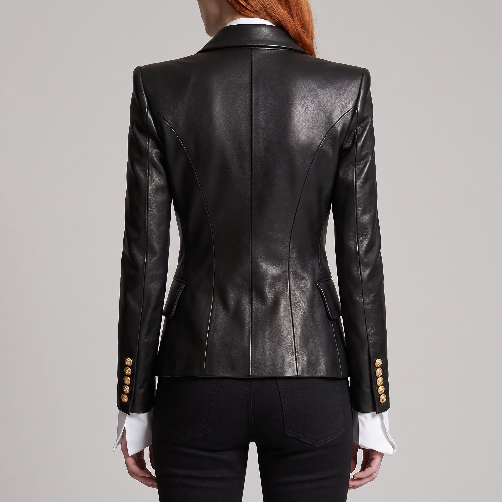 Black Leather Double-Breasted Blazer — Women's Gold-Button Tailored Jacket