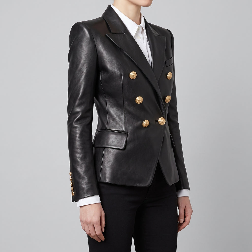 Black Leather Double-Breasted Blazer — Women's Gold-Button Tailored Jacket