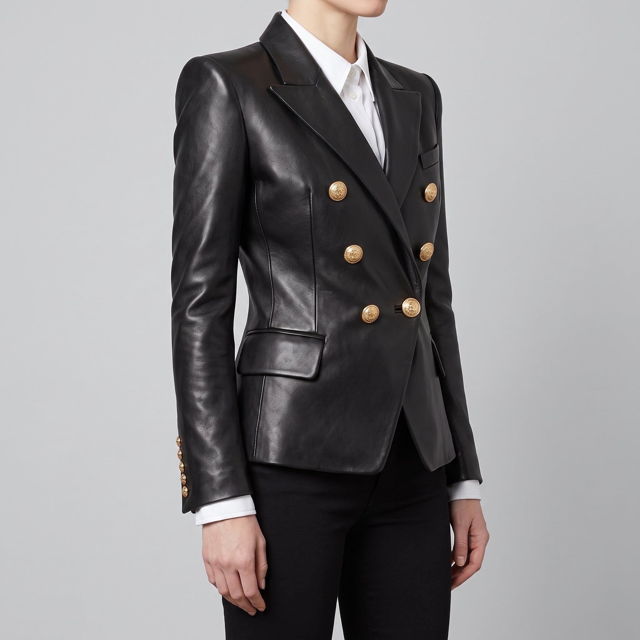 Black Leather Double-Breasted Blazer — Women's Gold-Button Tailored Jacket