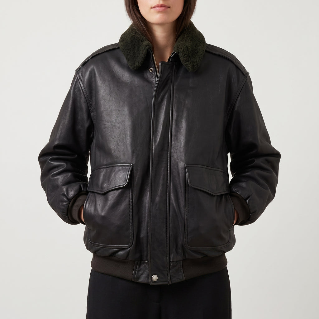 Black Leather Oversized Bomber Jacket - Women's Shearling-Collar Jacket