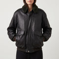 Black Leather Oversized Bomber Jacket - Women's Shearling-Collar Jacket