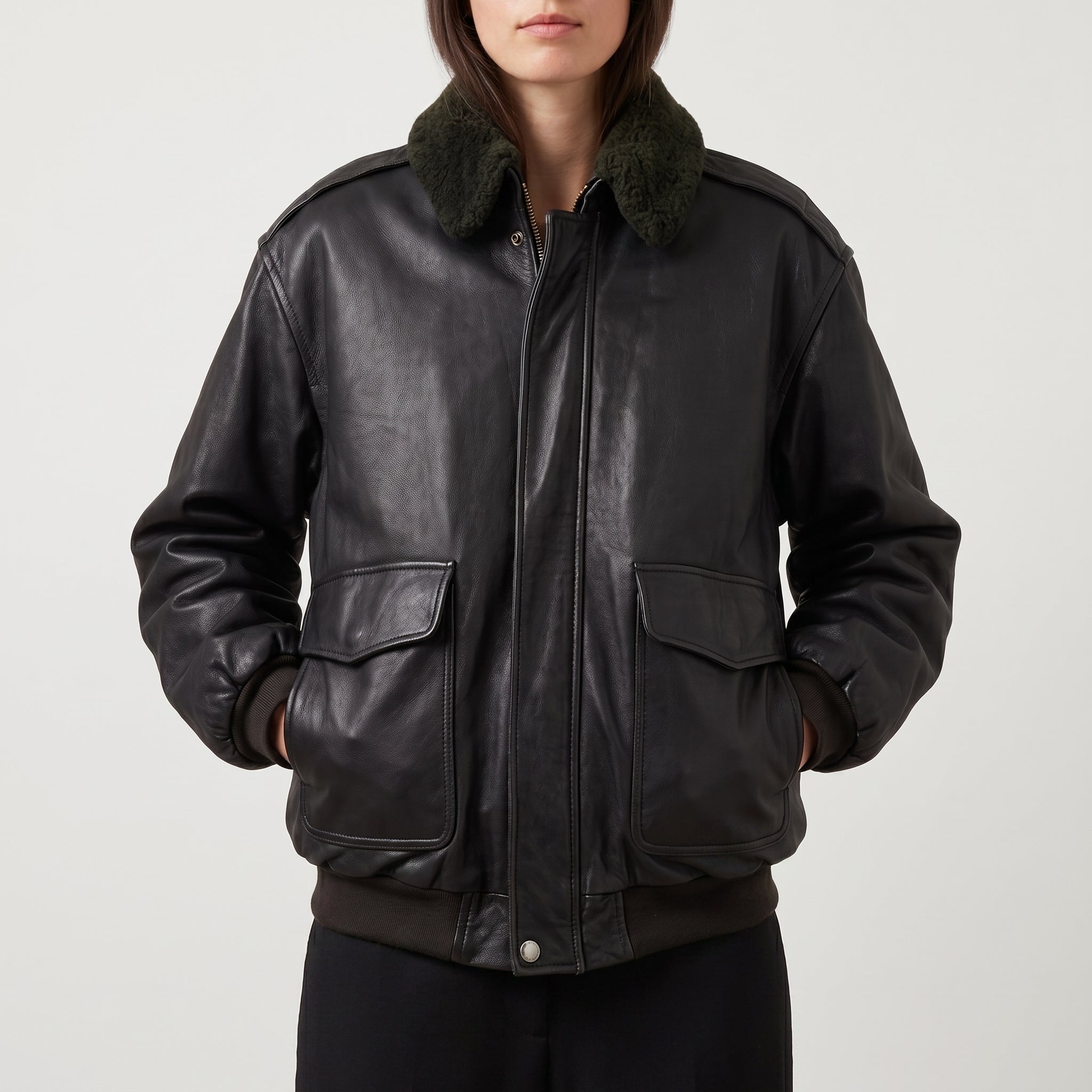 Black Leather Oversized Bomber Jacket - Women's Shearling-Collar Jacket