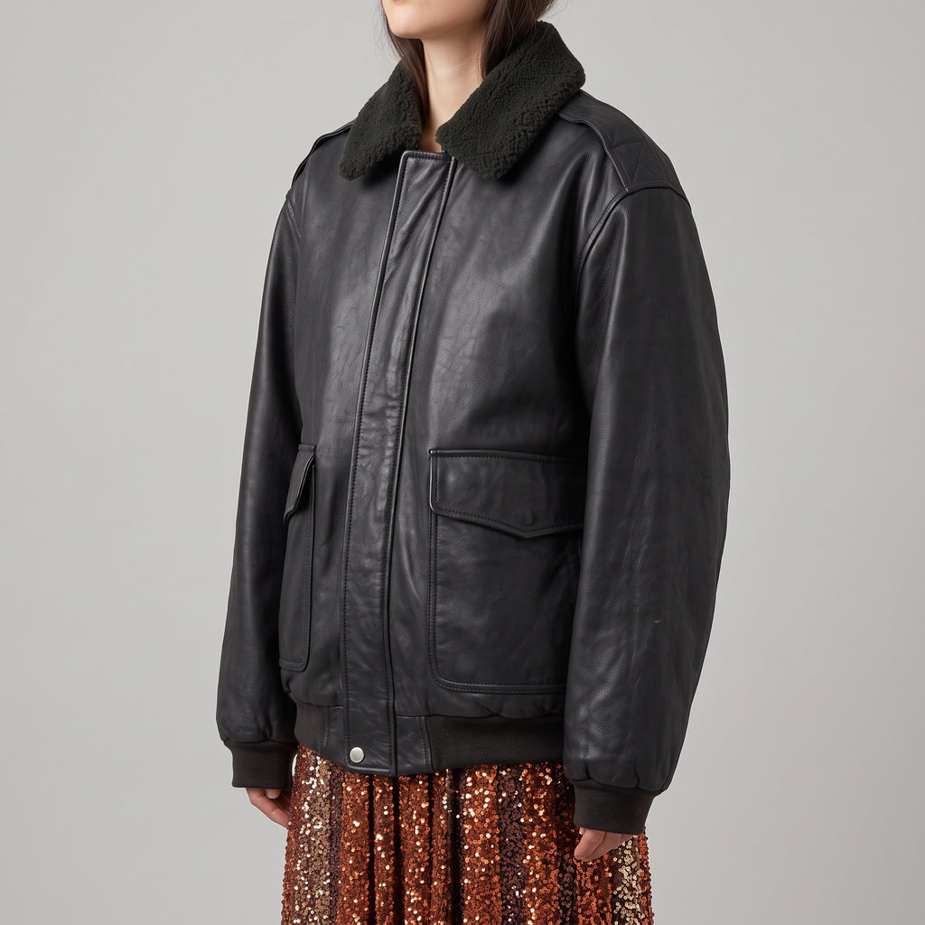 Black Leather Oversized Bomber Jacket - Women's Shearling-Collar Jacket