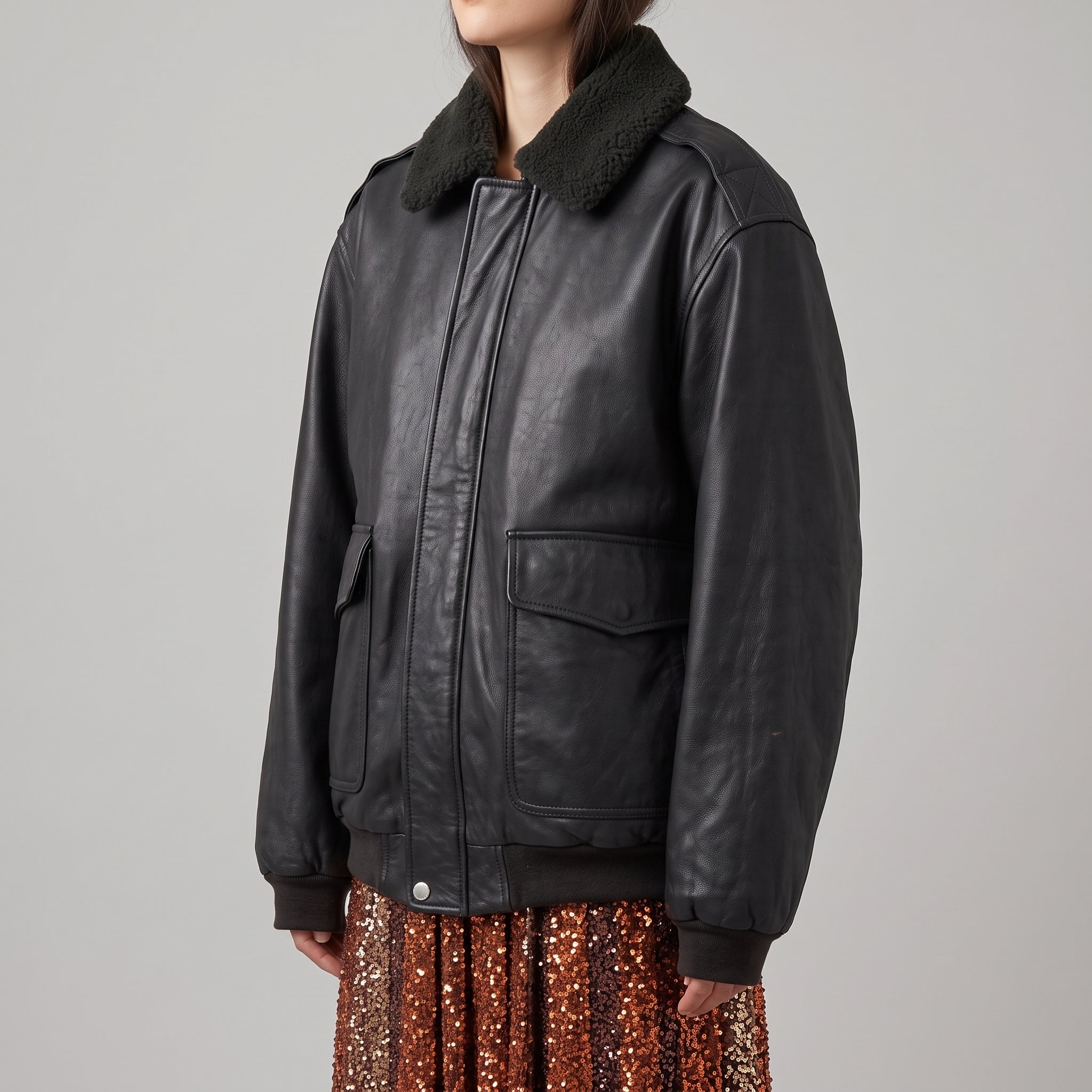 Black Leather Oversized Bomber Jacket - Women's Shearling-Collar Jacket