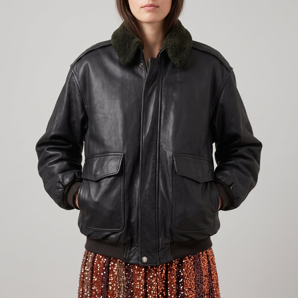 Black Leather Oversized Bomber Jacket - Women's Shearling-Collar Jacket