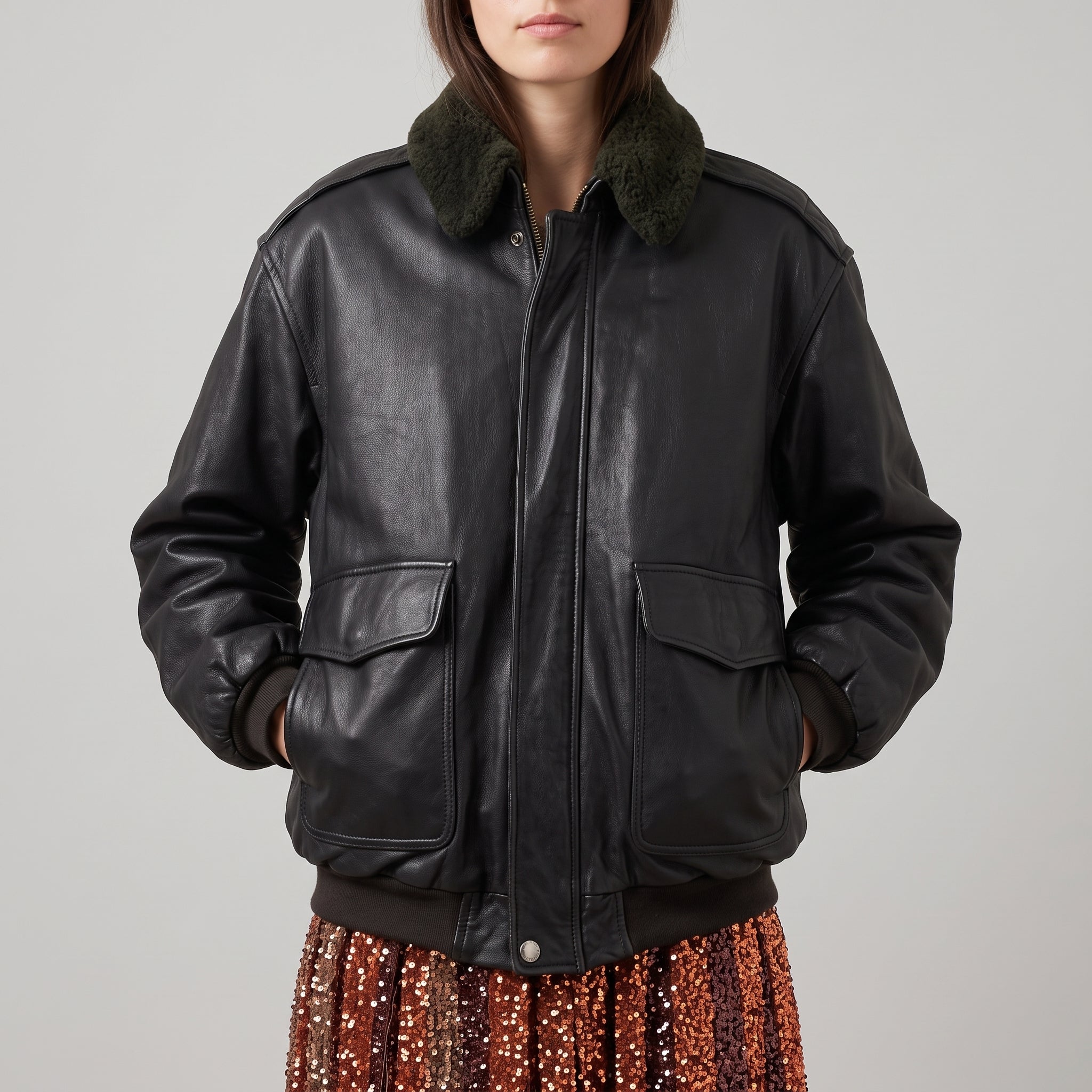 Black Leather Oversized Bomber Jacket - Women's Shearling-Collar Jacket