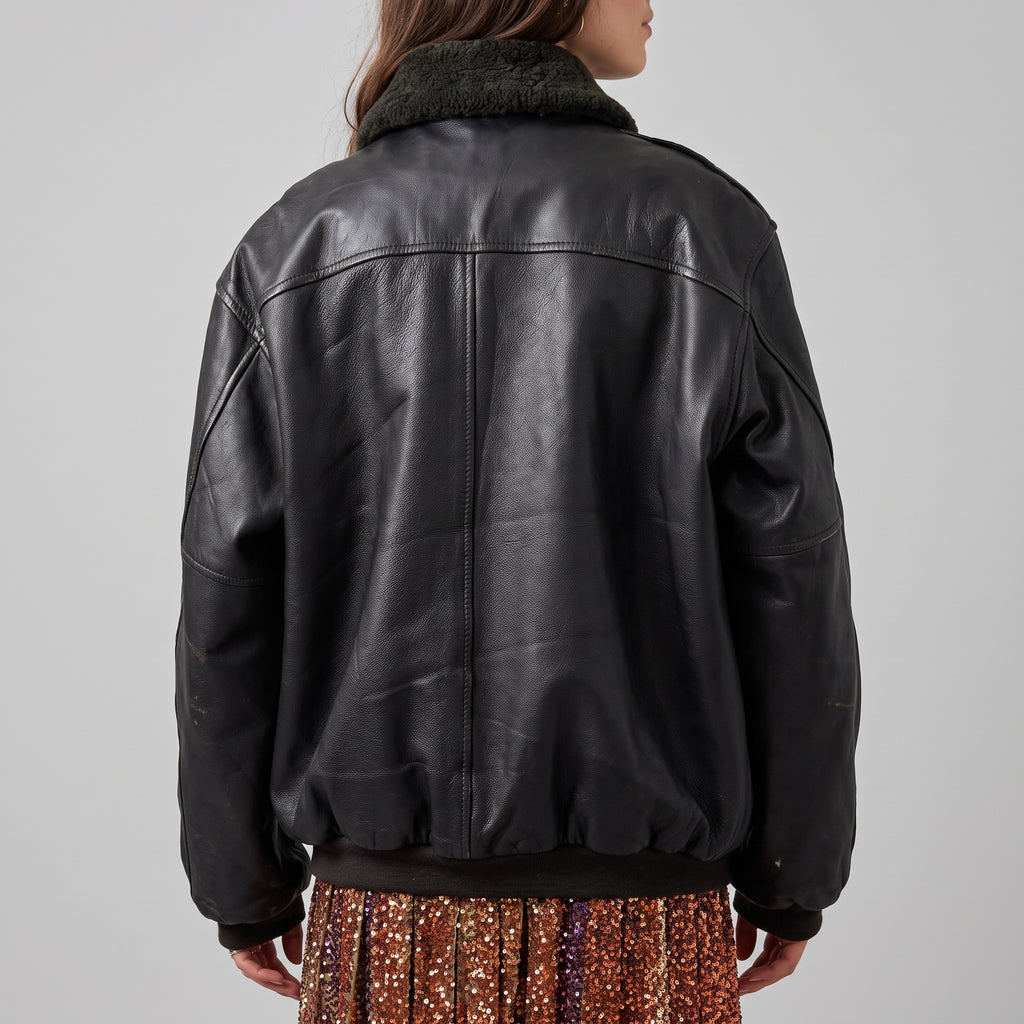 Black Leather Oversized Bomber Jacket - Women's Shearling-Collar Jacket