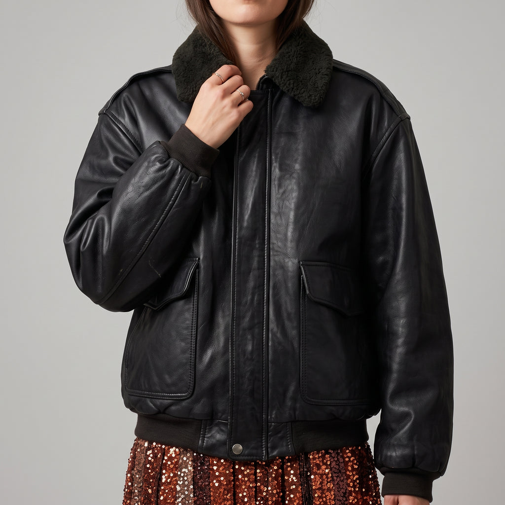 Black Leather Oversized Bomber Jacket - Women's Shearling-Collar Jacket