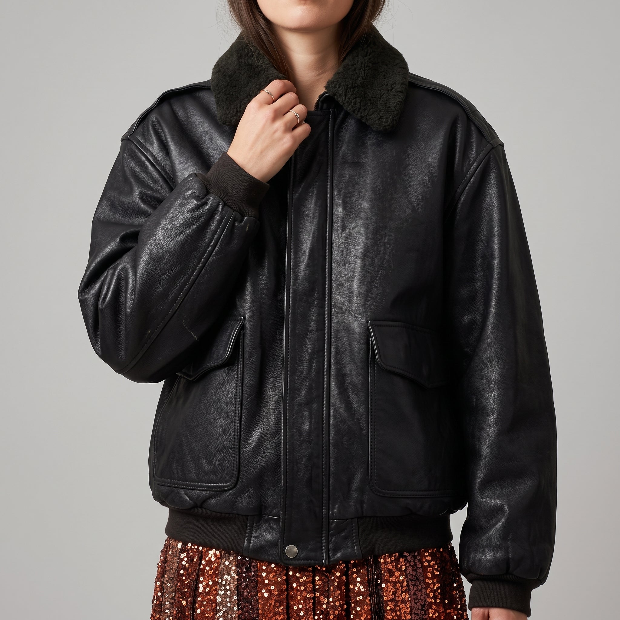 Black Leather Oversized Bomber Jacket - Women's Shearling-Collar Jacket
