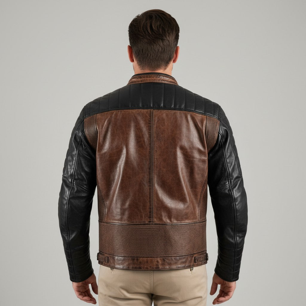Men's Two-Tone Brown & Black Leather Café Racer Jacket