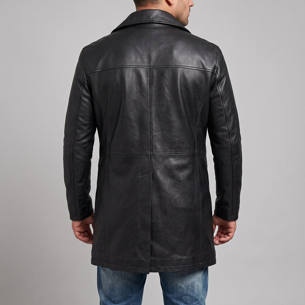 Men's Black Leather Field Coat - Mid-Length Genuine Leather Coat