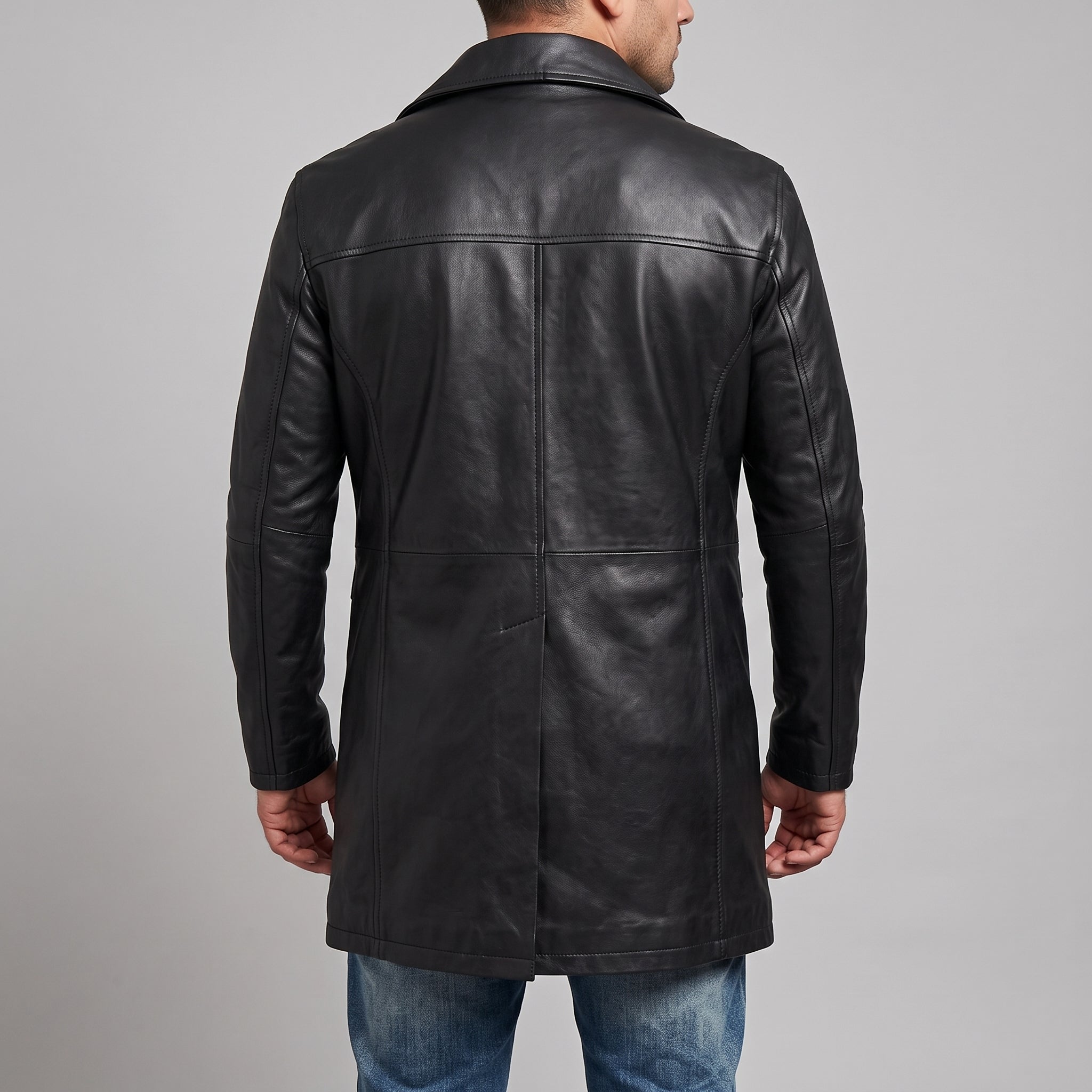 Men's Black Leather Field Coat - Mid-Length Genuine Leather Coat