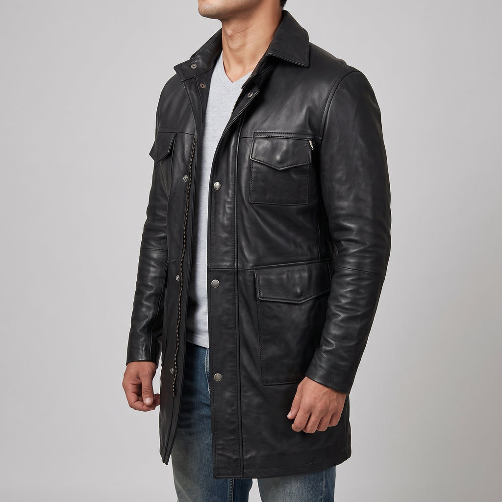 Men's Black Leather Field Coat - Mid-Length Genuine Leather Coat